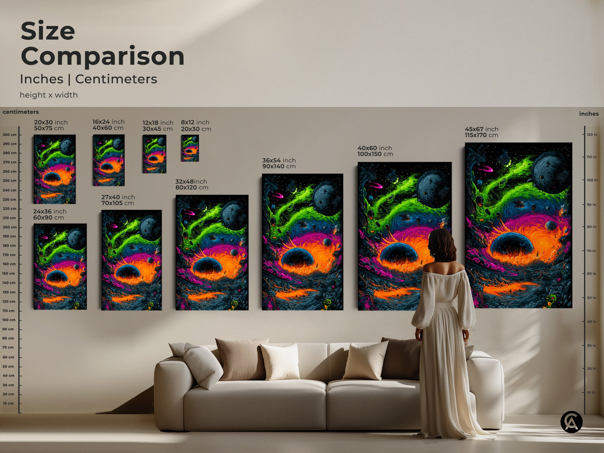 Compare sizes of this captivating space art. See how different dimensions transform your space. This surreal alien landscape is available in multiple sizes. Perfect for creating a focal point or accent piece. Visualize the artwork in various settings. Choose the ideal size for your decor.