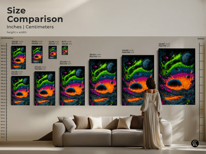 Compare sizes of this captivating space art. See how different dimensions transform your space. This surreal alien landscape is available in multiple sizes. Perfect for creating a focal point or accent piece. Visualize the artwork in various settings. Choose the ideal size for your decor.