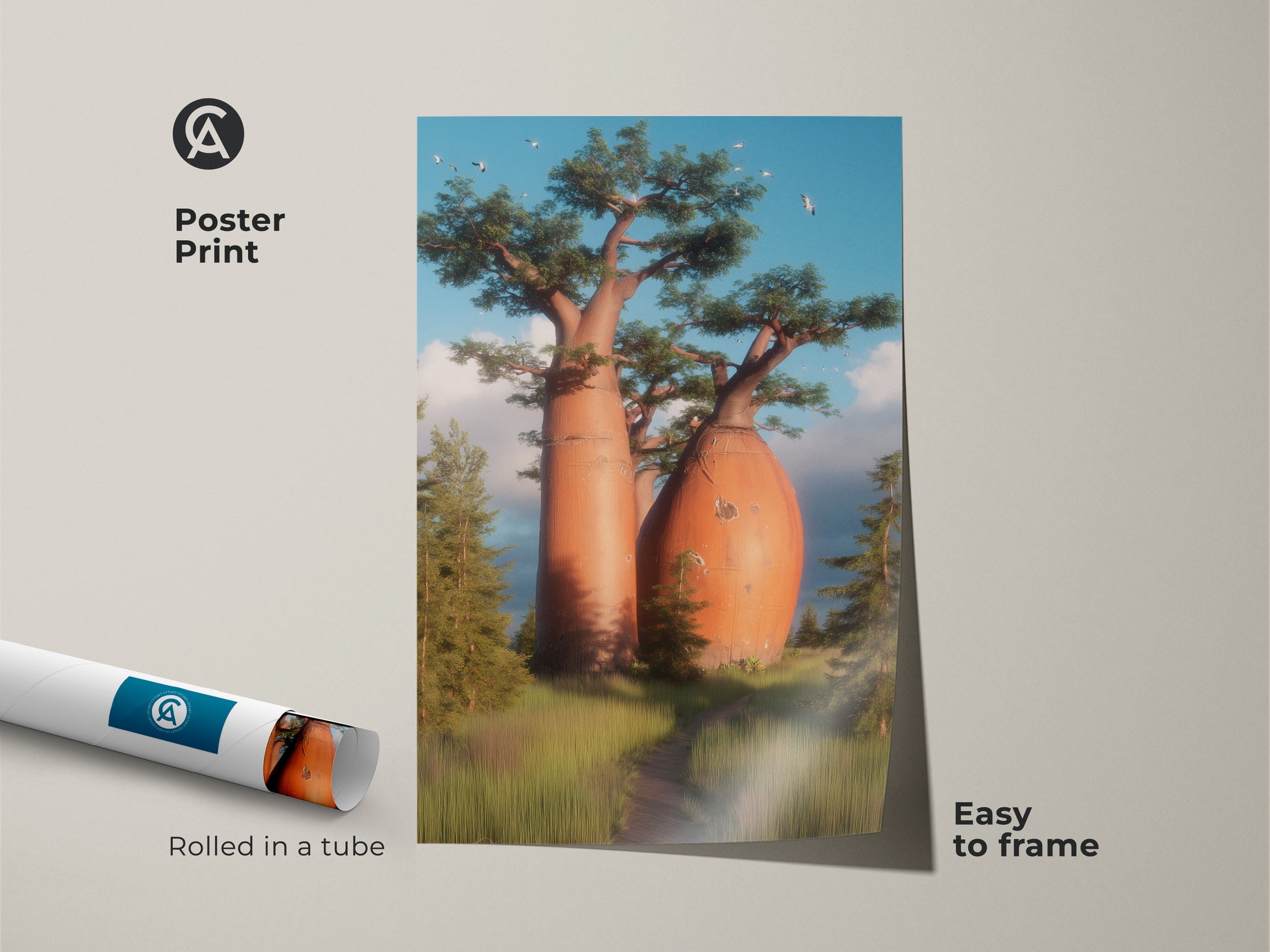 Poster print displays an African Savanna landscape with baobab trees. This realistic nature photography is easy to frame. Rolled in a tube the orange blue green art brings savanna warmth to eclectic interiors. A unique travel lover housewarming gift.