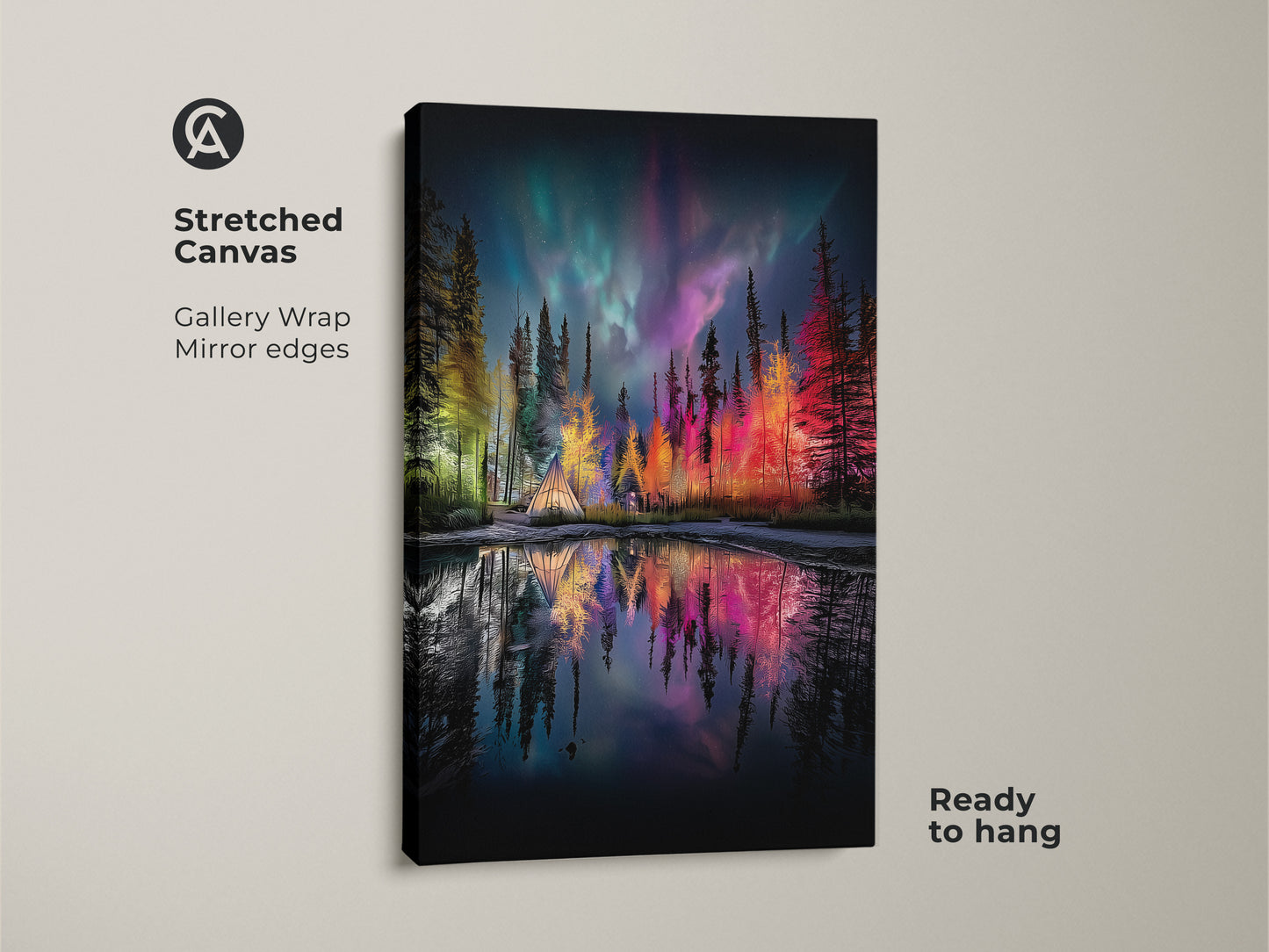 Northern Lights Forest Print on Stretched Canvas enhances your home decor with a gallery wrapped artwork. The mirror edges of the canvas add depth to the vibrant teal green purple landscape. Ready to hang this camping tent wall decor brings nature's beauty indoors. Perfect for eclectic bohemian style.