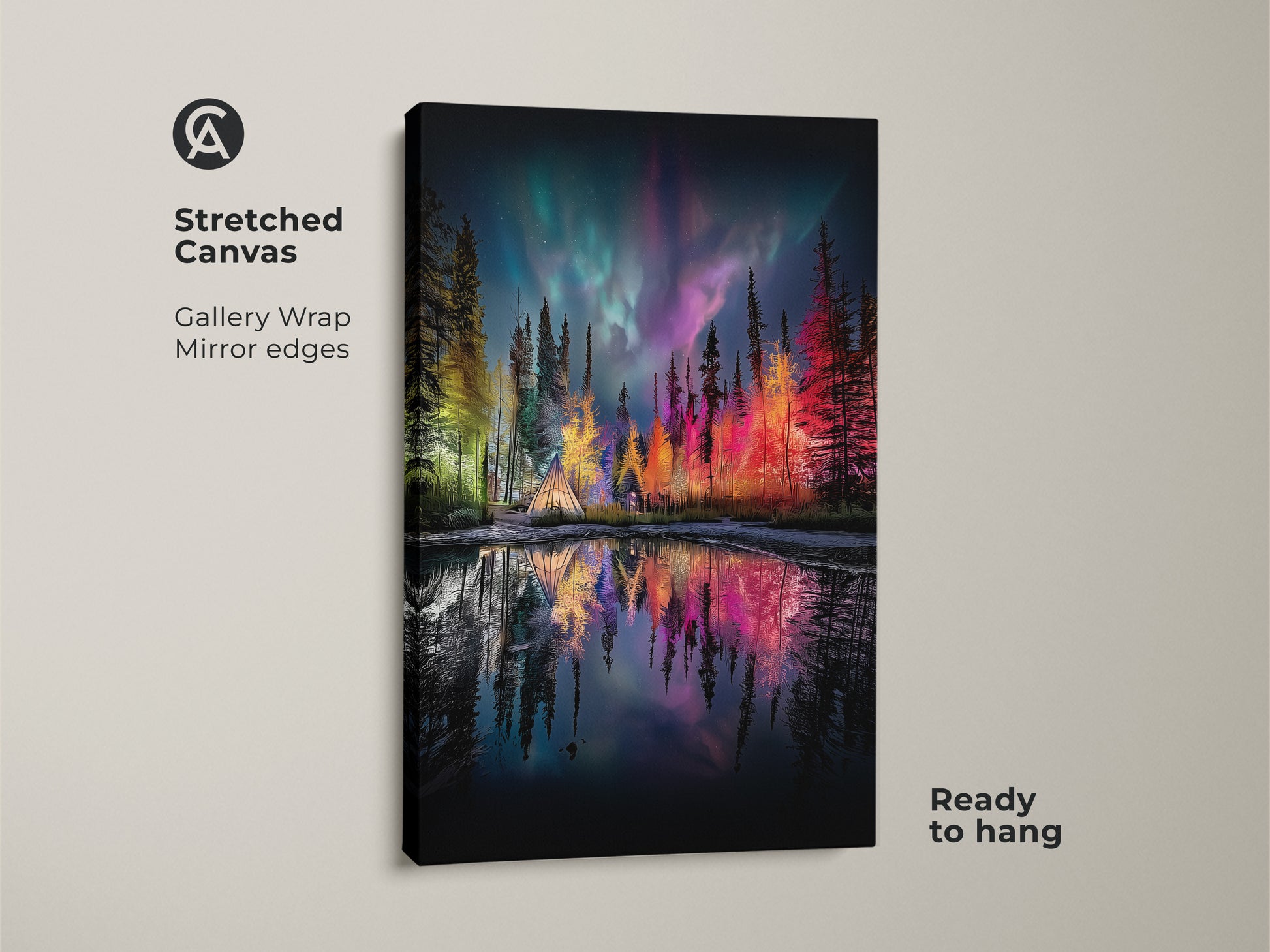 Northern Lights Forest Print on Stretched Canvas enhances your home decor with a gallery wrapped artwork. The mirror edges of the canvas add depth to the vibrant teal green purple landscape. Ready to hang this camping tent wall decor brings nature's beauty indoors. Perfect for eclectic bohemian style.