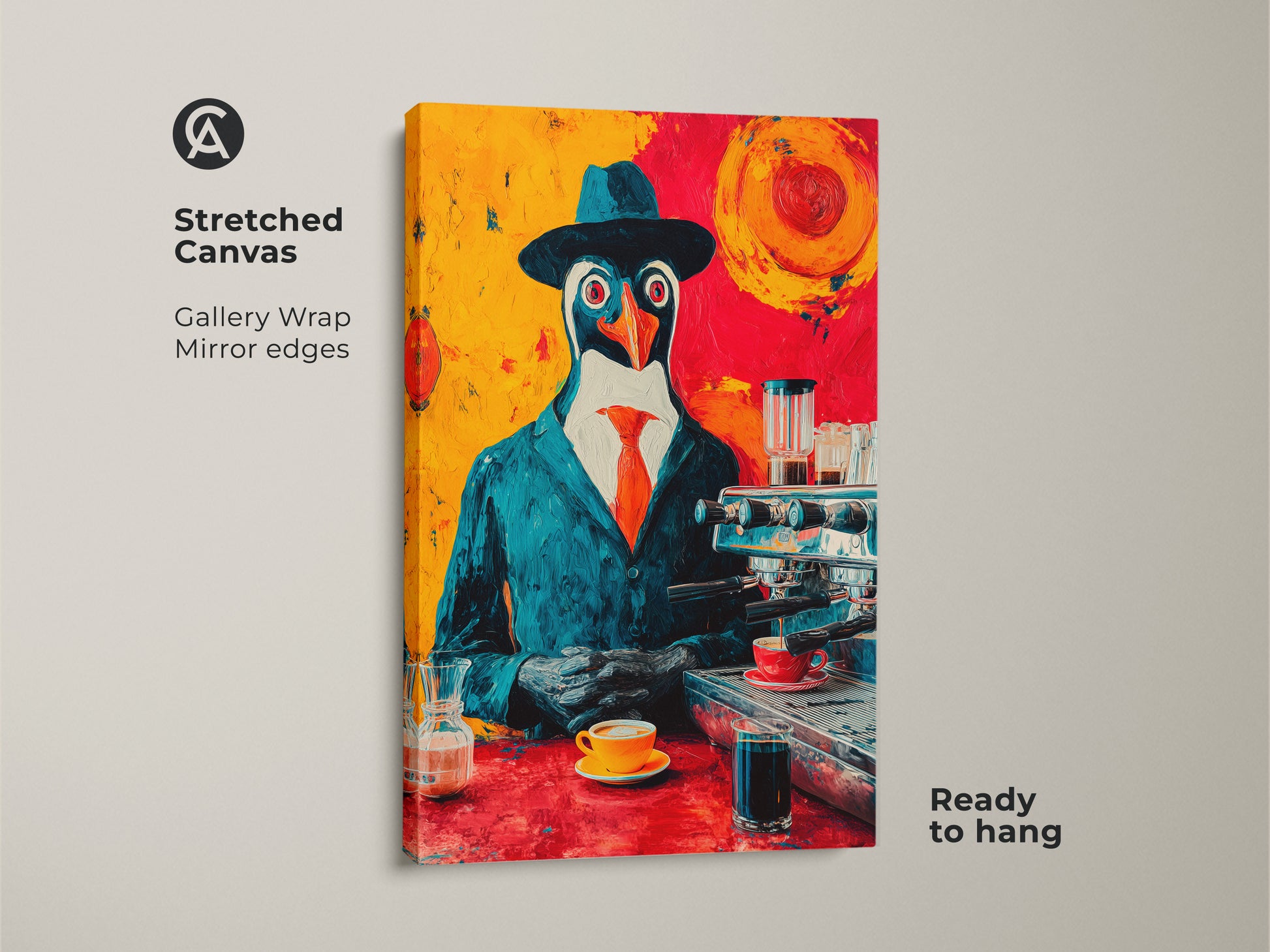 Stretched canvas gallery wrap mirror edges of the penguin barista artwork. This pop art coffee print features a dapper penguin mixing espresso drinks. It is ready to hang great for office wall decor or as a unique gift for coffee lovers. The bold colors make it a vibrant addition.