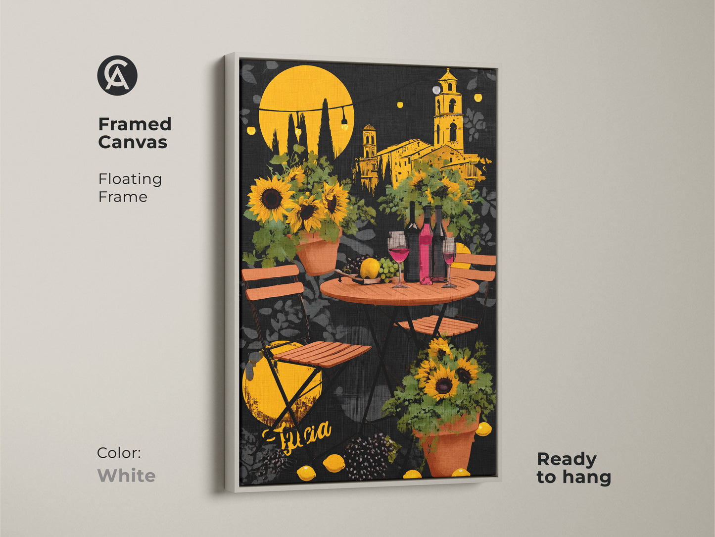Framed canvas with a white floating frame emphasizes the Italian cafe artwork. This modern folk art sunflowers and wine bottles create an eclectic aesthetic. The housewarming gift wine art brightens any kitchen or dining space ready to hang.