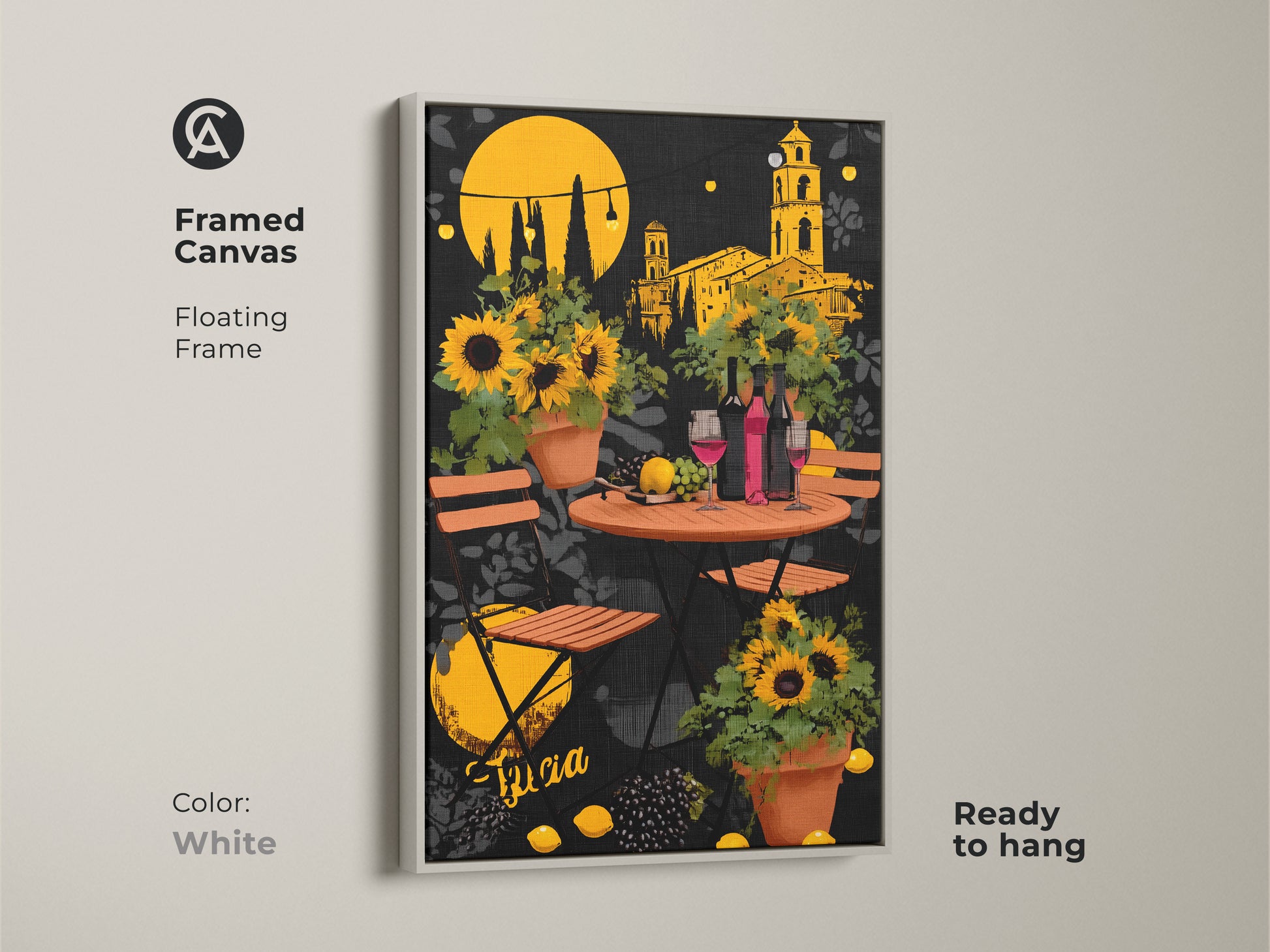 Framed canvas with a white floating frame emphasizes the Italian cafe artwork. This modern folk art sunflowers and wine bottles create an eclectic aesthetic. The housewarming gift wine art brightens any kitchen or dining space ready to hang.