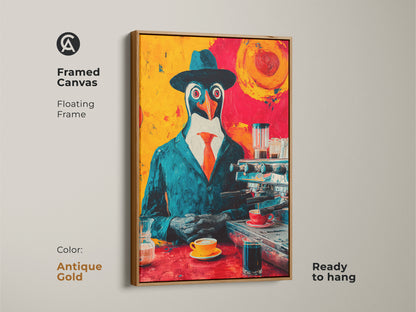 Framed canvas of the penguin barista pop art with a antique gold floating frame. Ready to hang and perfect for office or home bar decor. This animal art is a unique gift for coffee enthusiasts. The vibrant colors bring life to any space with it's abstract expression.