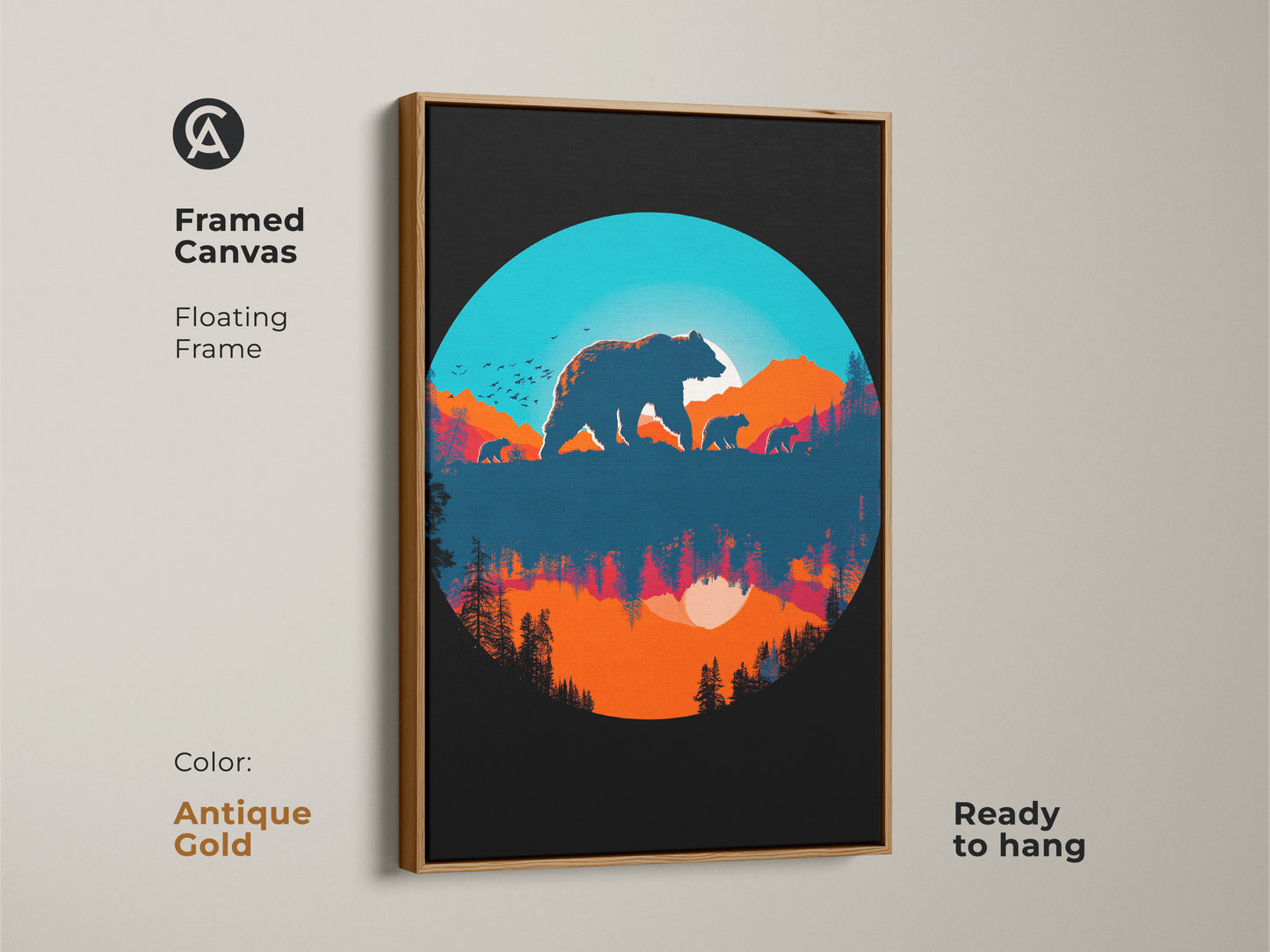 Antique gold framed canvas with a bear family silhouette print. This unique piece of wildlife silhouette art brings vintage style to your walls. The mountain sunset canvas art adds a touch of nature scenic beauty to your home