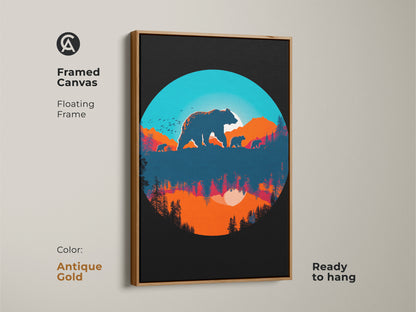 Antique gold framed canvas with a bear family silhouette print. This unique piece of wildlife silhouette art brings vintage style to your walls. The mountain sunset canvas art adds a touch of nature scenic beauty to your home