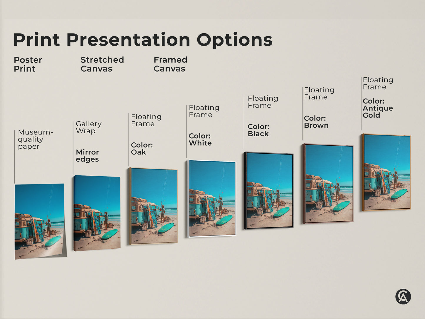 Print presentation options for beach themed artwork. Choose from poster prints stretched canvas and framed canvas. Frame colors include black brown antique gold oak and white. Find the perfect art for your style.