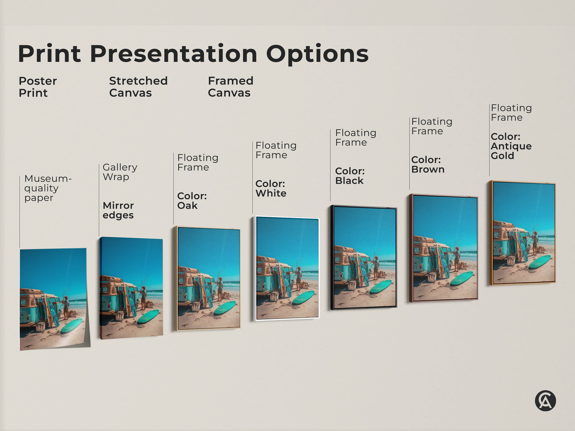 Print presentation options for beach themed artwork. Choose from poster prints stretched canvas and framed canvas. Frame colors include black brown antique gold oak and white. Find the perfect art for your style.
