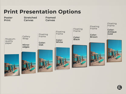 Print presentation options for beach themed artwork. Choose from poster prints stretched canvas and framed canvas. Frame colors include black brown antique gold oak and white. Find the perfect art for your style.