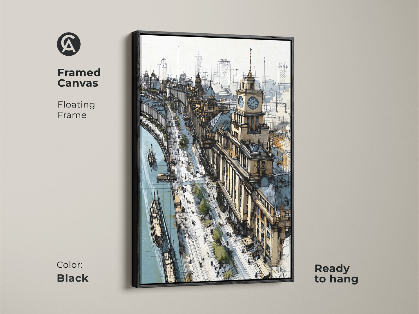 Framed canvas art featuring a cityscape sketch with a riverfront and clock tower in a black floating frame. Contemporary tan and blue artwork ready to hang. This travel-themed architectural line art enhances any office or home decor. A unique housewarming gift.