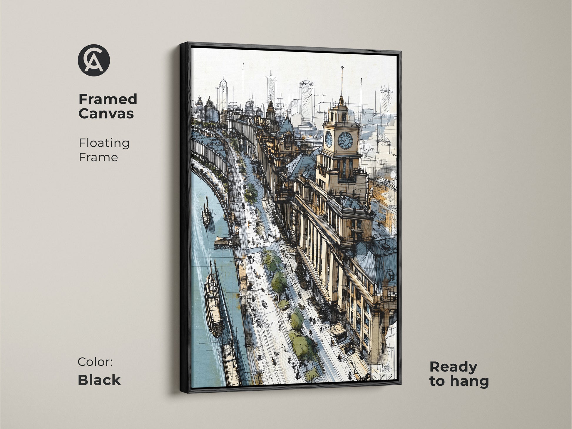 Framed canvas art featuring a cityscape sketch with a riverfront and clock tower in a black floating frame. Contemporary tan and blue artwork ready to hang. This travel-themed architectural line art enhances any office or home decor. A unique housewarming gift.