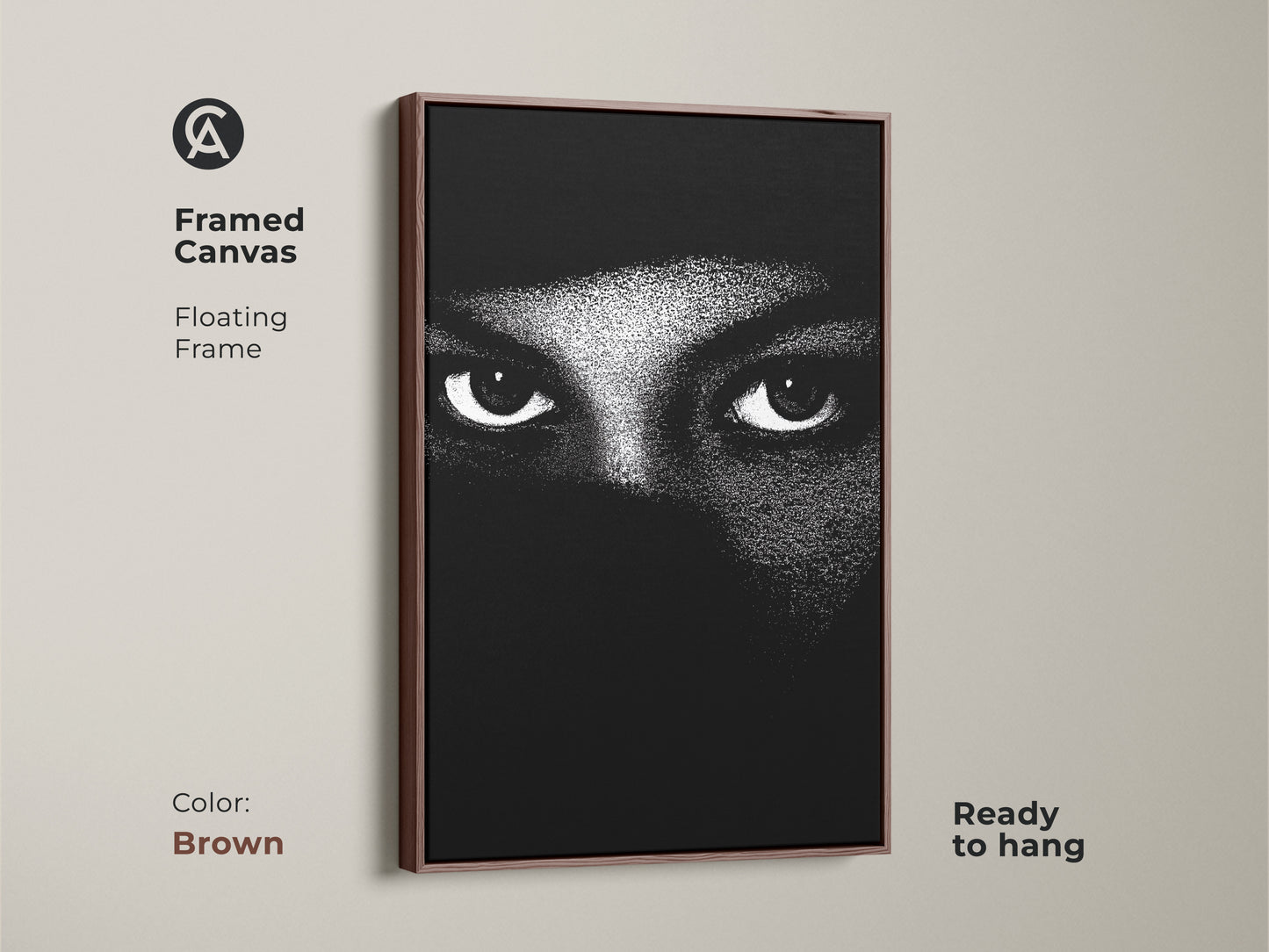 Brown framed canvas featuring monochrome eyes wall art. The abstract face canvas print shows minimalist portrait art. Black and white bedroom decor makes for contemporary living room art. High contrast artwork offers a modern abstract print. This mystery themed art is ready to hang.