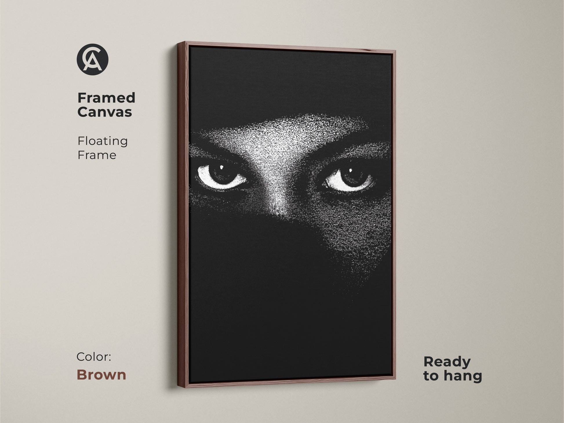 Brown framed canvas featuring monochrome eyes wall art. The abstract face canvas print shows minimalist portrait art. Black and white bedroom decor makes for contemporary living room art. High contrast artwork offers a modern abstract print. This mystery themed art is ready to hang.