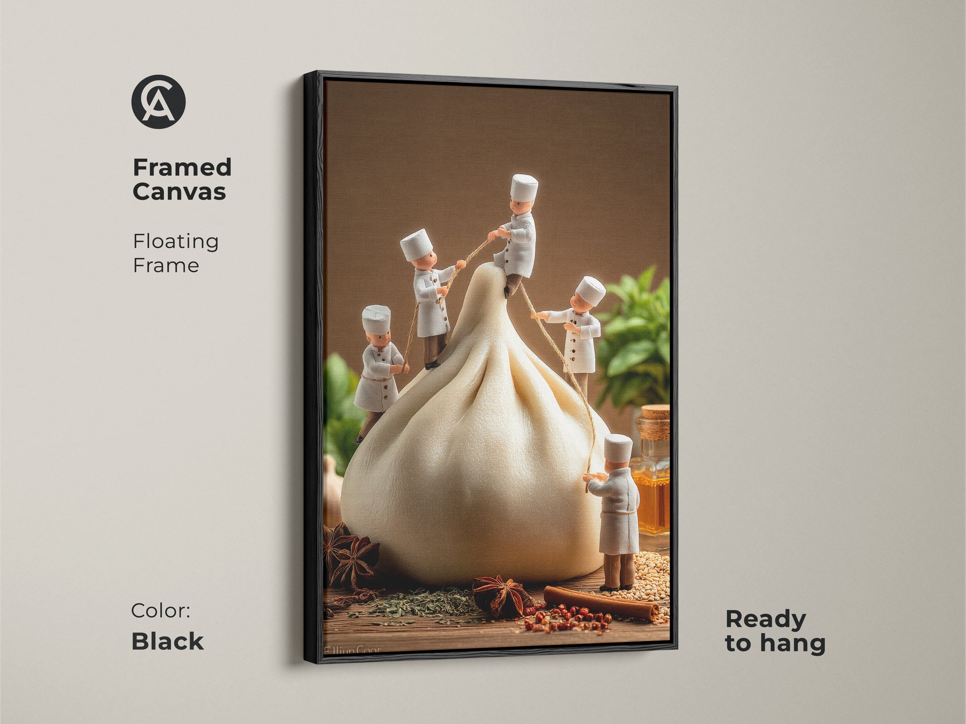 Black framed canvas art featuring miniature chefs and a dumpling. This floating frame accentuates the playful food artwork. The print is ready to hang adding sophistication to your kitchen decor. Spice ingredients surround the dumpling. A perfect piece for food enthusiasts seeking unique wall art.