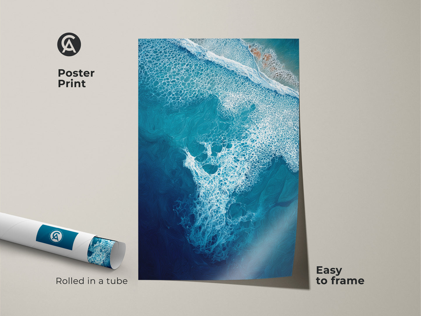 Poster print of an abstract ocean wave captures deep blue turquoise hues. Rolled in a tube this aerial view ocean art is easy to frame. The coastal wall art decor brings a beach lover aesthetic. This modern abstract seafoam art transforms any space. A beautiful abstract seascape painting.