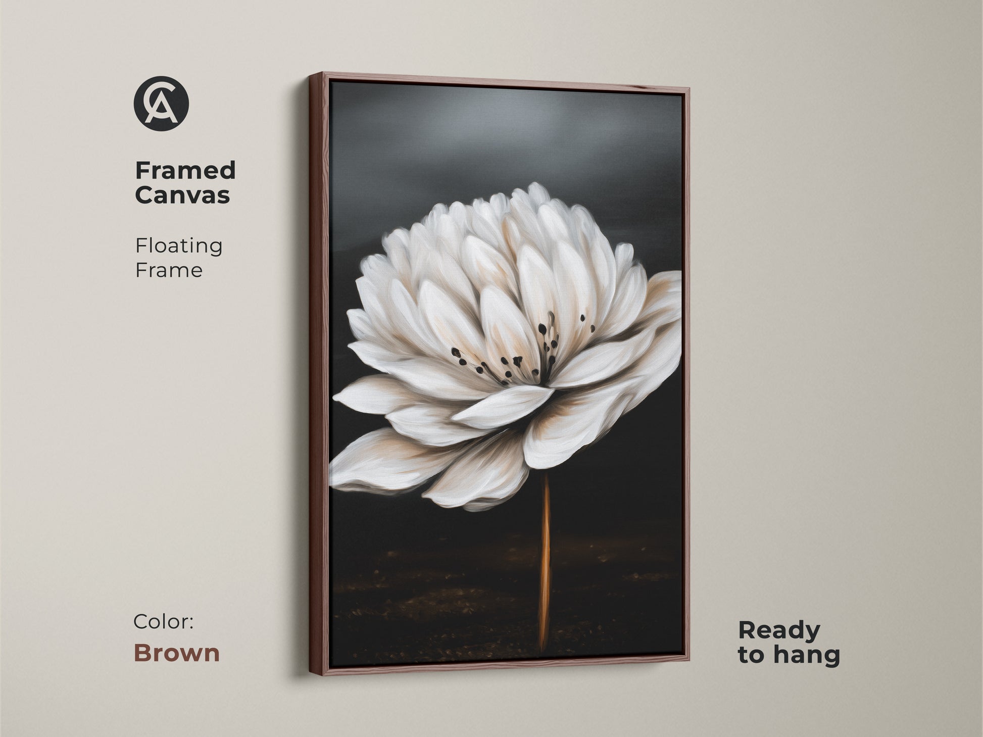 Brown framed canvas art featuring a realistic white flower. This minimalist botanical artwork offers a contemporary touch. Ready to hang and perfect for a sophisticated home decor.
