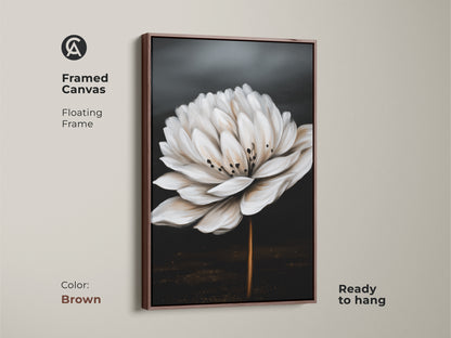 Brown framed canvas art featuring a realistic white flower. This minimalist botanical artwork offers a contemporary touch. Ready to hang and perfect for a sophisticated home decor.