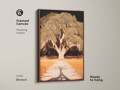 A beautifully framed canvas art print. The floating brown frame highlights the tree artwork. The color palette is warm and inviting. This piece enhances any residential space adding natural charm to any room.
