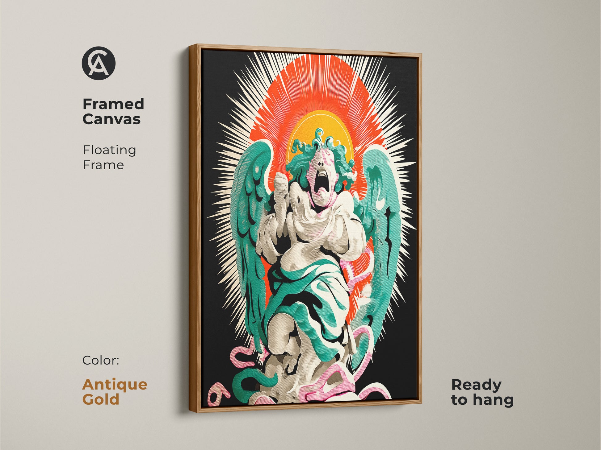 Screaming angel framed canvas art. White floating frame showcases the surreal pop surrealism wall art. Red orange teal gothic artwork brings eclectic flair. This print enhances any study or office. Unique gift for goth art enthusiasts.