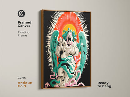 Screaming angel framed canvas art. White floating frame showcases the surreal pop surrealism wall art. Red orange teal gothic artwork brings eclectic flair. This print enhances any study or office. Unique gift for goth art enthusiasts.