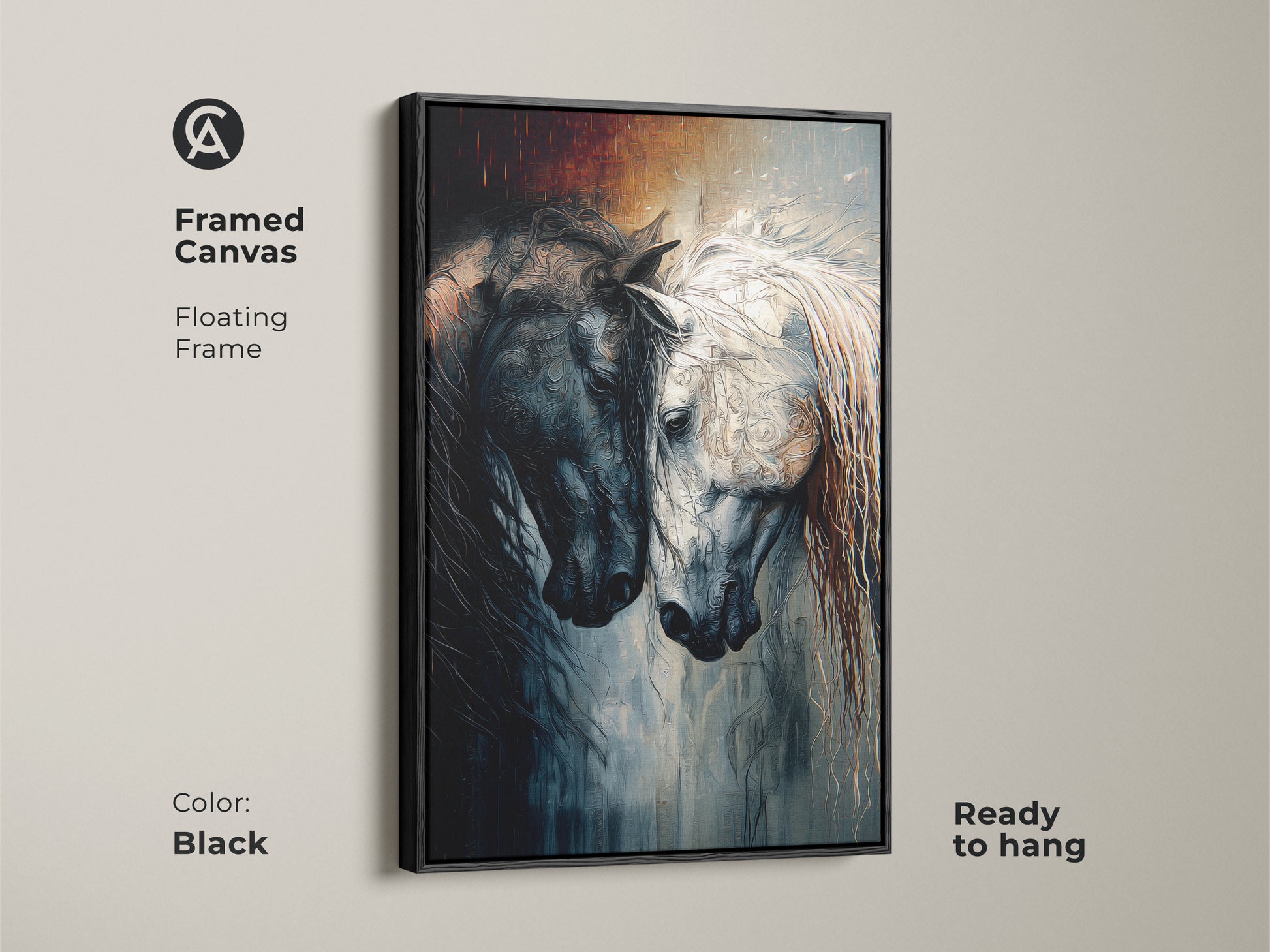 Black Framed Canvas of Indigo Horse Artwork. The floating frame enhances this black and white equine art. This fantasy animal print is ready to hang. Ideal for horse lovers seeking unique wall decor.
