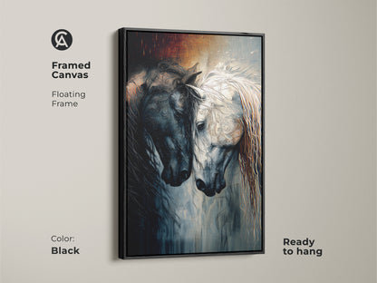 Black Framed Canvas of Indigo Horse Artwork. The floating frame enhances this black and white equine art. This fantasy animal print is ready to hang. Ideal for horse lovers seeking unique wall decor.
