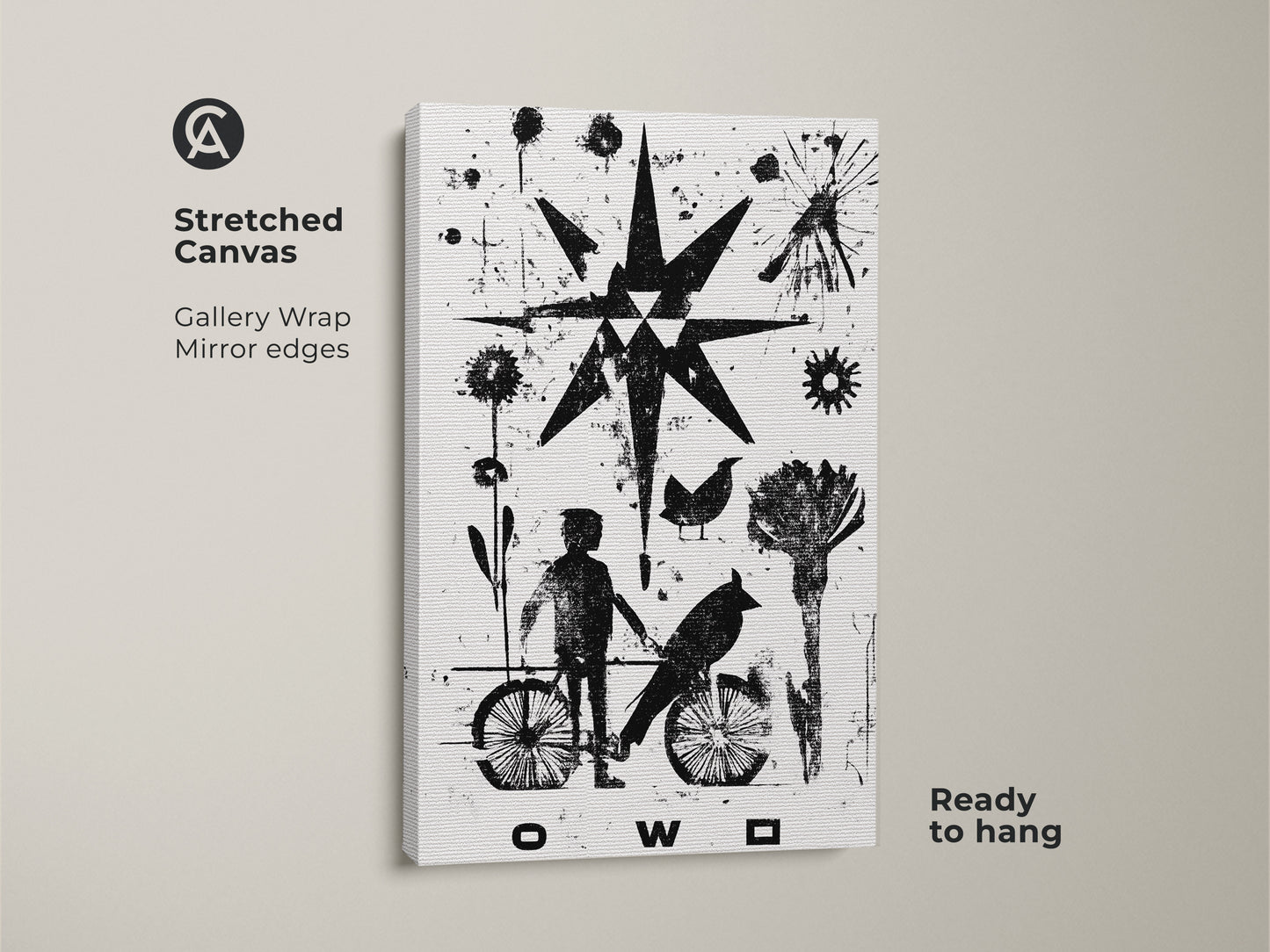 Stretched canvas showcasing minimalist abstract linocut art. The black and white art print features a child bird motif with a bold starburst graphic. Ready to hang this eclectic figurative canvas enhances any modern bedroom decor. A unique art piece for home.