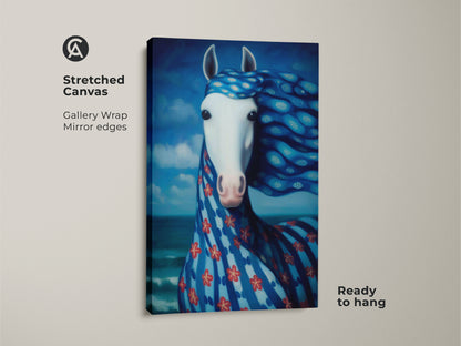 Stretched canvas of surreal blue horse art. Gallery wrap with mirror edges adds depth. Ready to hang for eclectic animal artwork. A unique equine wall hanging.