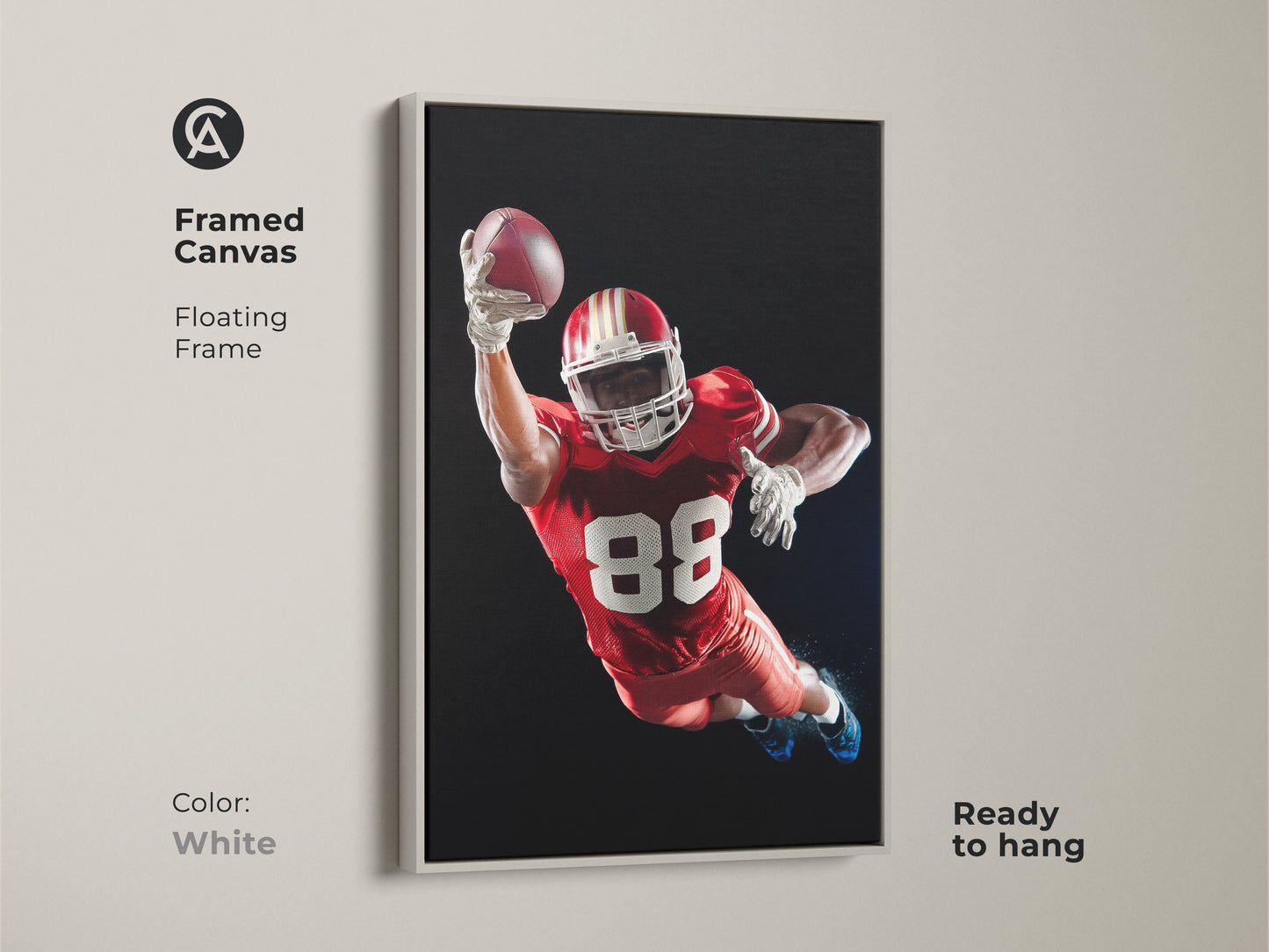 Framed Canvas of an American Football player. The floating frame is white. This dynamic sports action print is ready to hang. It's ideal for a Man Cave wall art. Makes a perfect gift for sports fans. The Red White and Black football decor adds a modern touch.