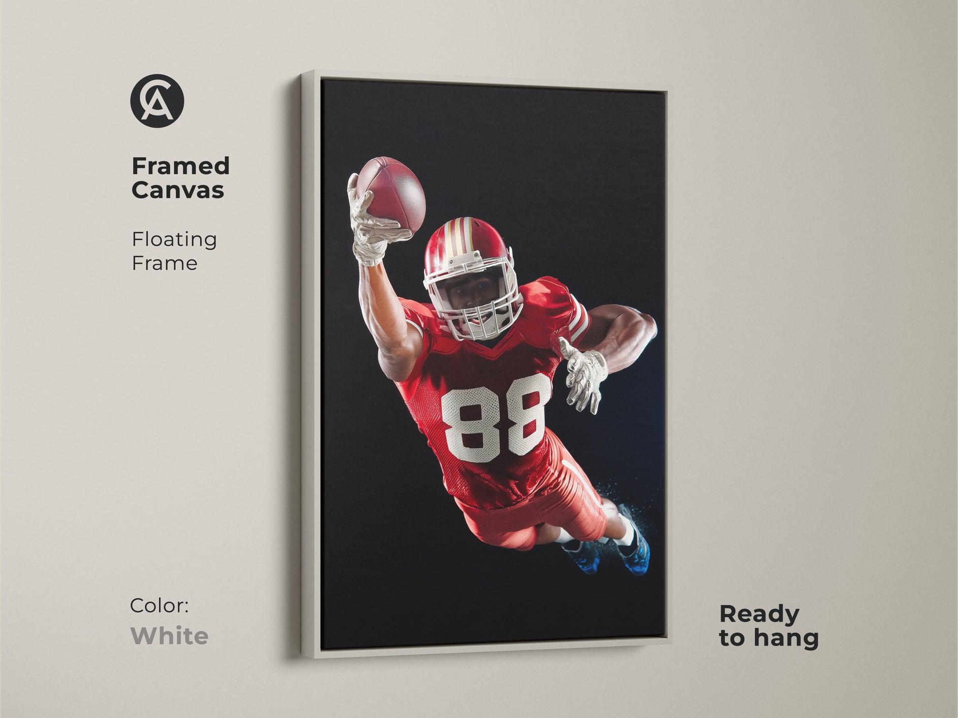Framed Canvas of an American Football player. The floating frame is white. This dynamic sports action print is ready to hang. It's ideal for a Man Cave wall art. Makes a perfect gift for sports fans. The Red White and Black football decor adds a modern touch.