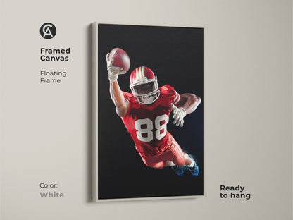 Framed Canvas of an American Football player. The floating frame is white. This dynamic sports action print is ready to hang. It's ideal for a Man Cave wall art. Makes a perfect gift for sports fans. The Red White and Black football decor adds a modern touch.