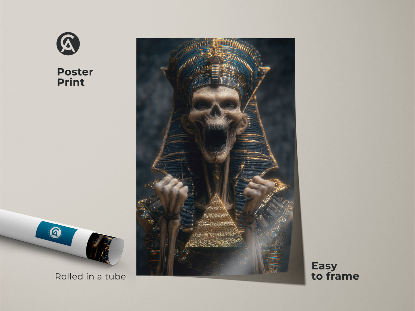 Poster print of a skeleton pharaoh in blue and gold. This wall art showcases Egyptian mythology. It comes rolled in a tube. It's easy to frame this gothic pyramid artwork. The art is a pyramid canvas.