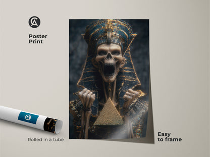 Poster print of a skeleton pharaoh in blue and gold. This wall art showcases Egyptian mythology. It comes rolled in a tube. It's easy to frame this gothic pyramid artwork. The art is a pyramid canvas.