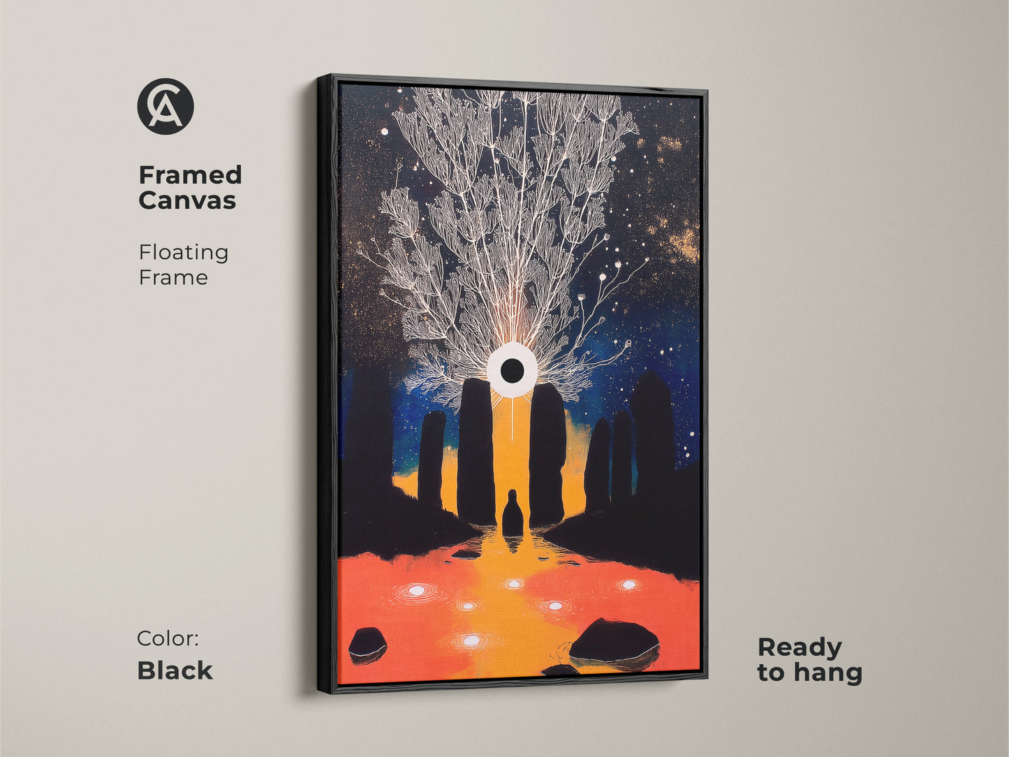Framed canvas of Tree of Life & Eye artwork with a black floating frame. The cosmic night sky art features dark blue and gold. It's ready to hang as a mystical celestial decor. Ideal for those who appreciate abstract fantasy art. Perfect for a stargazers housewarming gift.