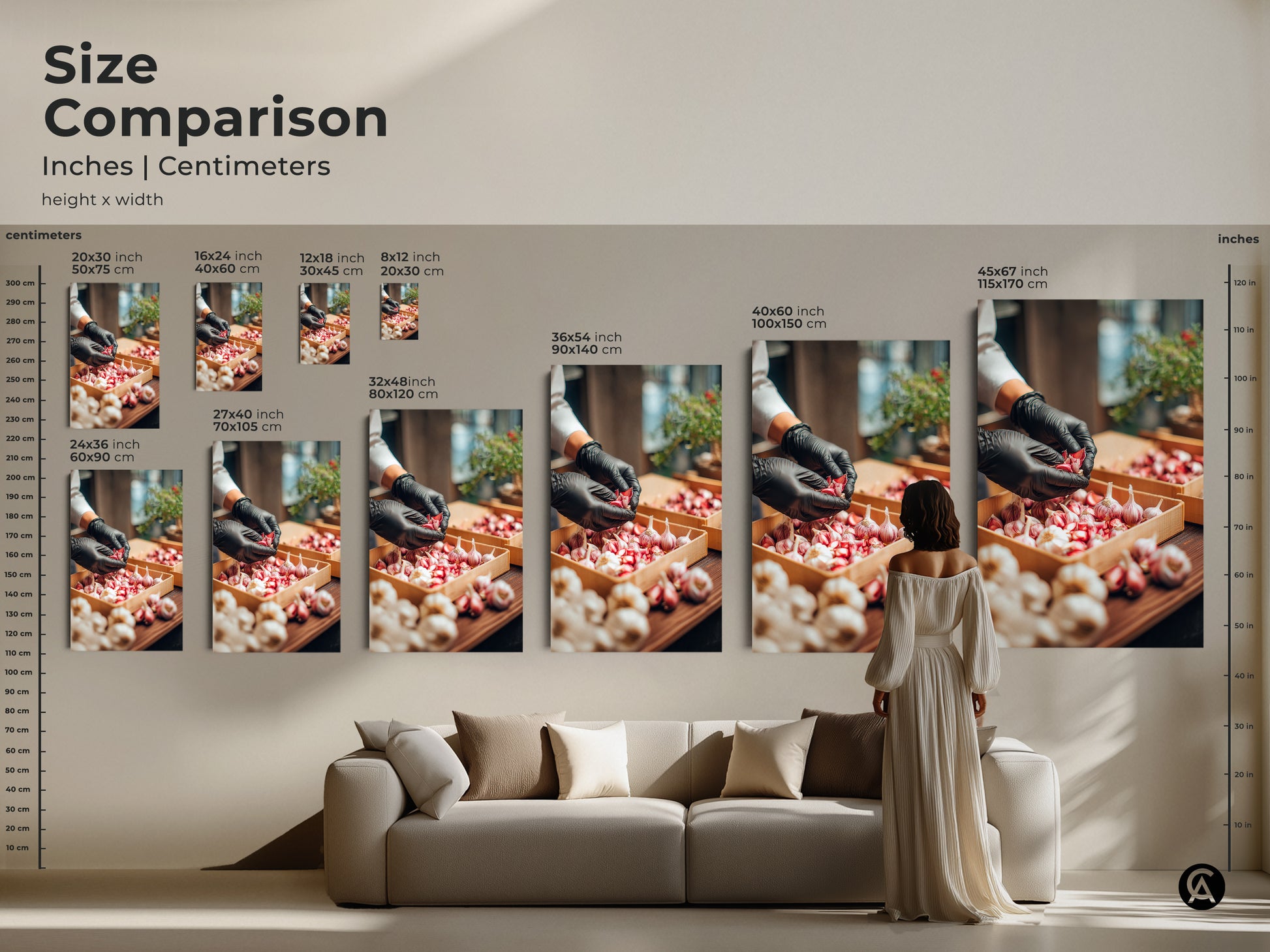 Size comparison of garlic art in inches and centimeters. See how the artwork looks in different sizes. The art is above a sofa. The sizes range from small to large. Perfect art for kitchen decor. Find the perfect size today.