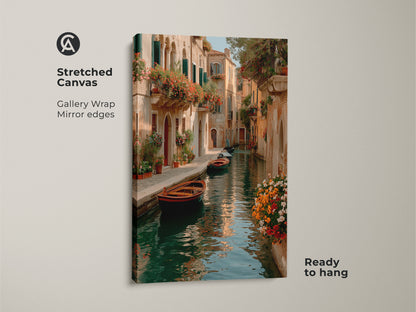 Stretched canvas displaying a Venetian canal with gondolas and terracotta buildings. This Italian cityscape canvas print has romantic travel wall decor. It is a perfect piece of eclectic home art. Ideal as a housewarming gift this European canal artwork offers old world charm. Add this gondola boat painting to your residential wall.