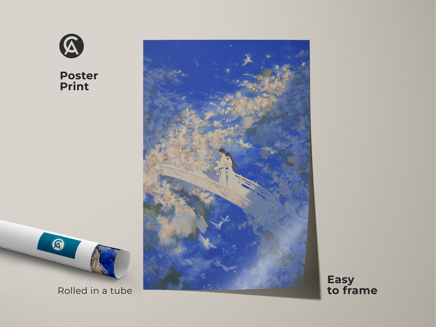 Poster print showing couple on bridge wall art. This Romantic anniversary gift features a dreamy blue sky. Easy to frame and rolled in a tube for protection.