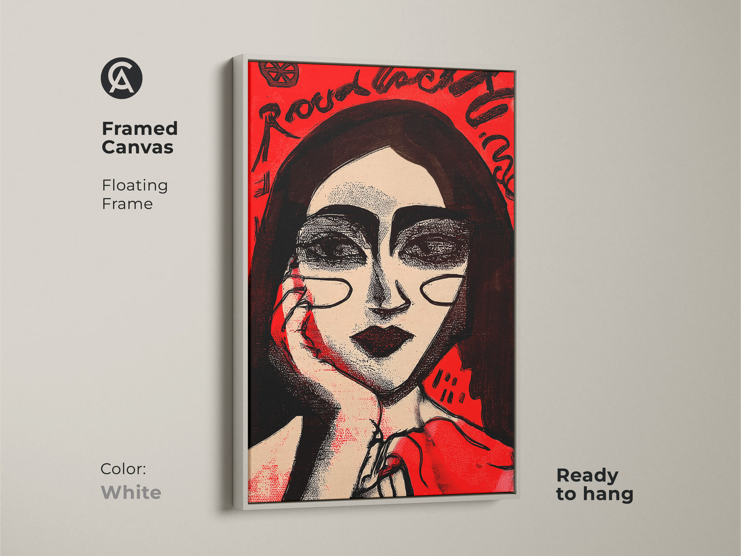 Framed canvas art with a floating frame in white. This modern portrait of a woman is ready to hang. The red and black ink artwork adds a bold statement to your wall decor. Perfect for contemporary art lovers.