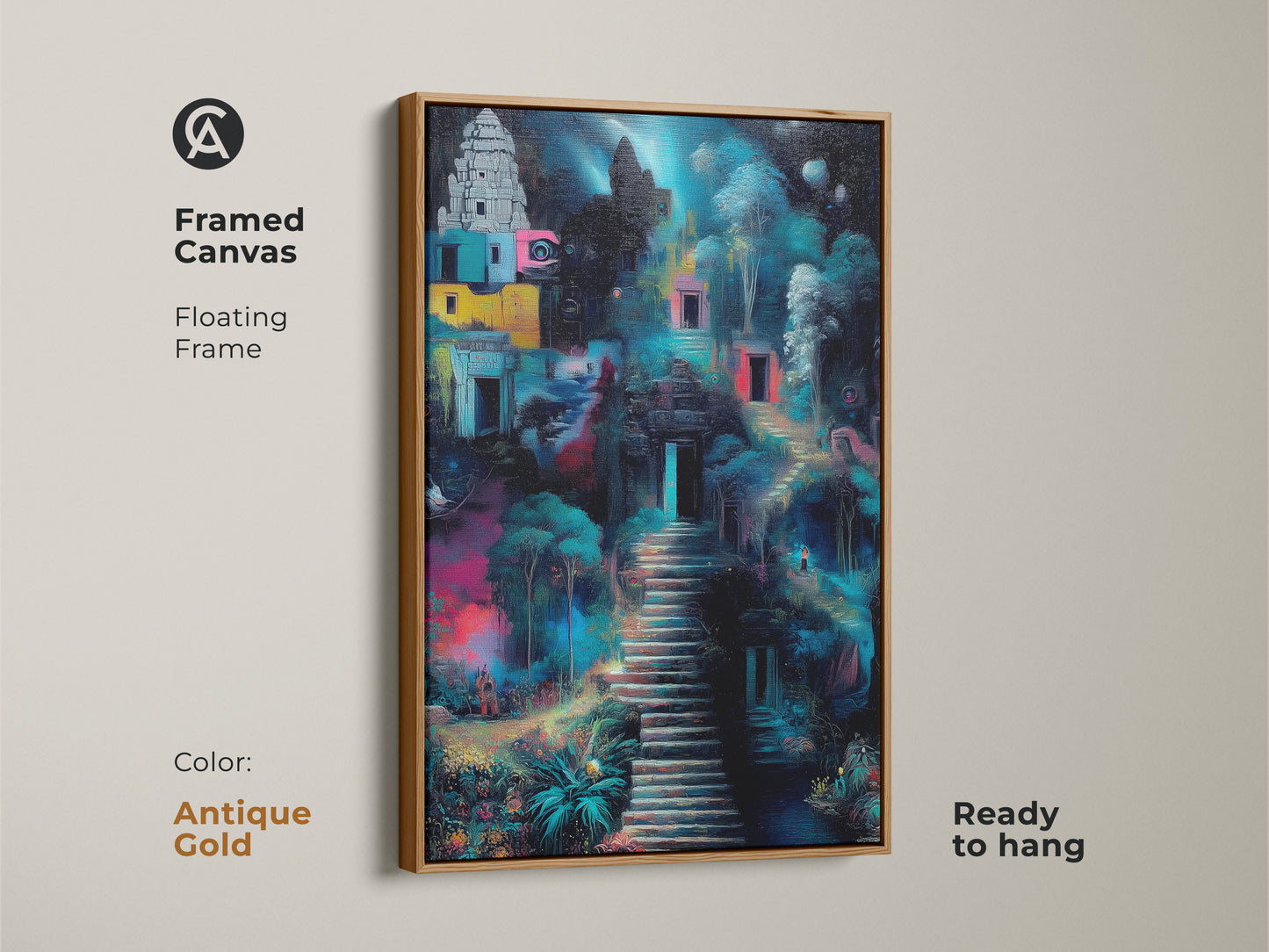 White floating frame enhances this canvas print. Surreal temple artwork that's ready to hang. Eclectic home decor in a striking color palette. Ideal for adding a dreamlike quality.