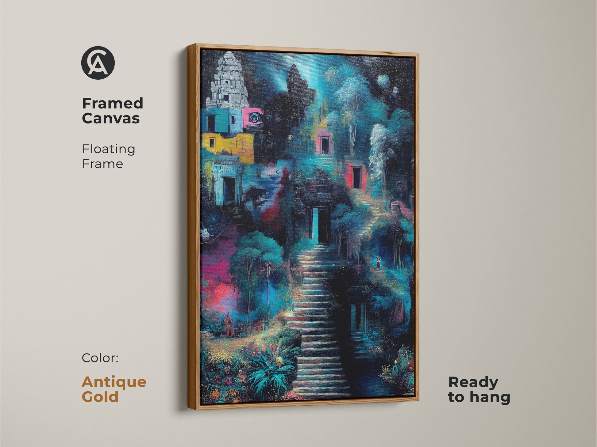 White floating frame enhances this canvas print. Surreal temple artwork that's ready to hang. Eclectic home decor in a striking color palette. Ideal for adding a dreamlike quality.