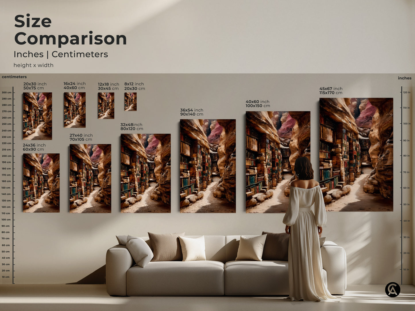 Compare sizes of this Canyon Library Art Print. Choose from dimensions ranging from 16x24 to 45x67 inches. Vertical orientation on canvas or poster. Ideal for adding a scholarly touch to any space. Perfect for traditional interior architecture art.