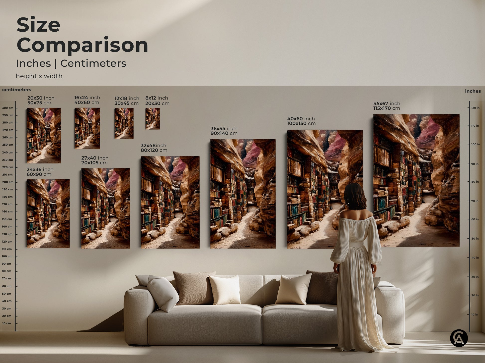 Compare sizes of this Canyon Library Art Print. Choose from dimensions ranging from 16x24 to 45x67 inches. Vertical orientation on canvas or poster. Ideal for adding a scholarly touch to any space. Perfect for traditional interior architecture art.