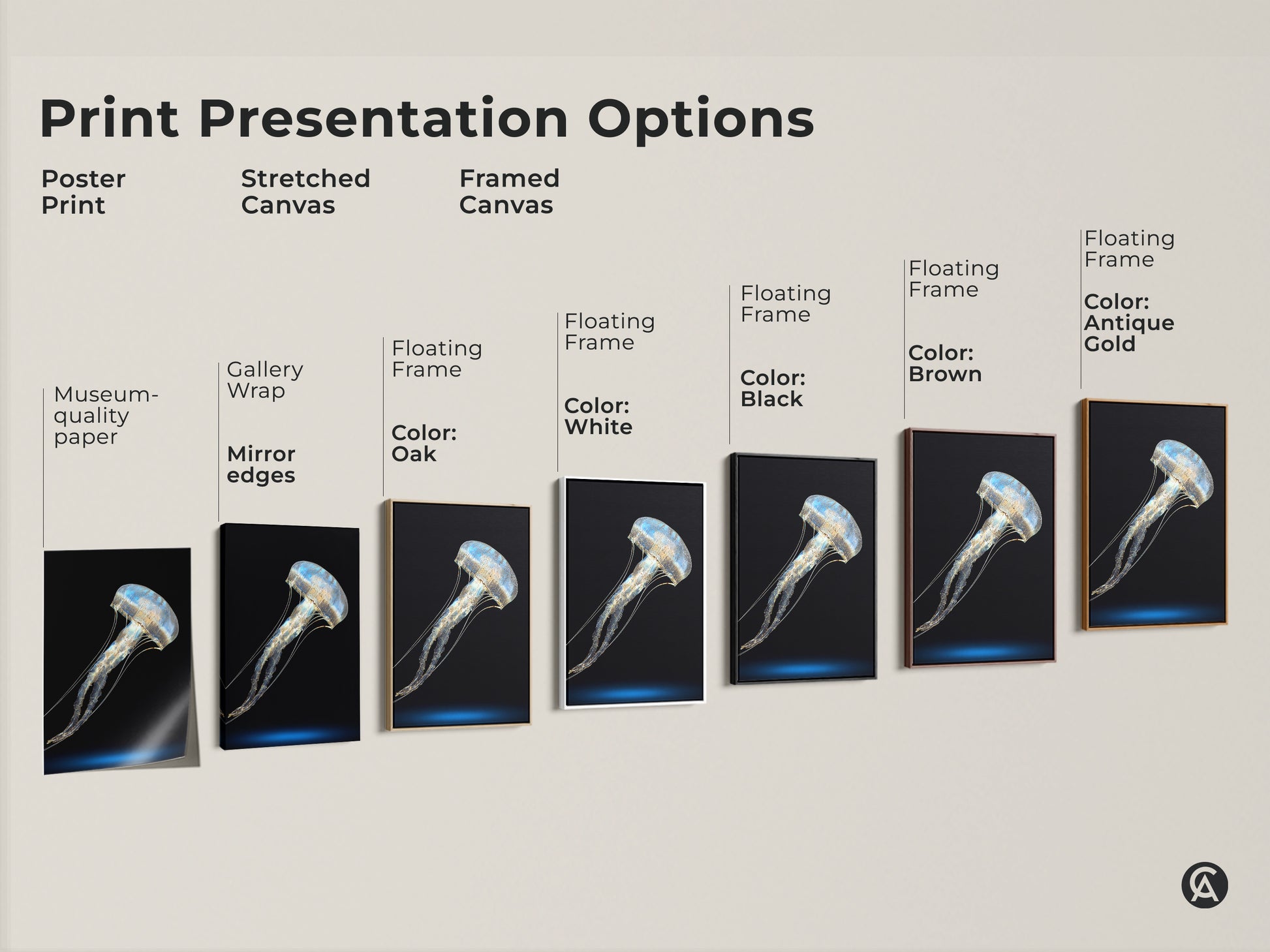 Explore print presentation options for abstract jellyfish artwork. See poster prints stretched canvases and framed canvases. Find museum quality paper and gallery wrap choices. Floating frames in various colors are available. Decorate your space today.