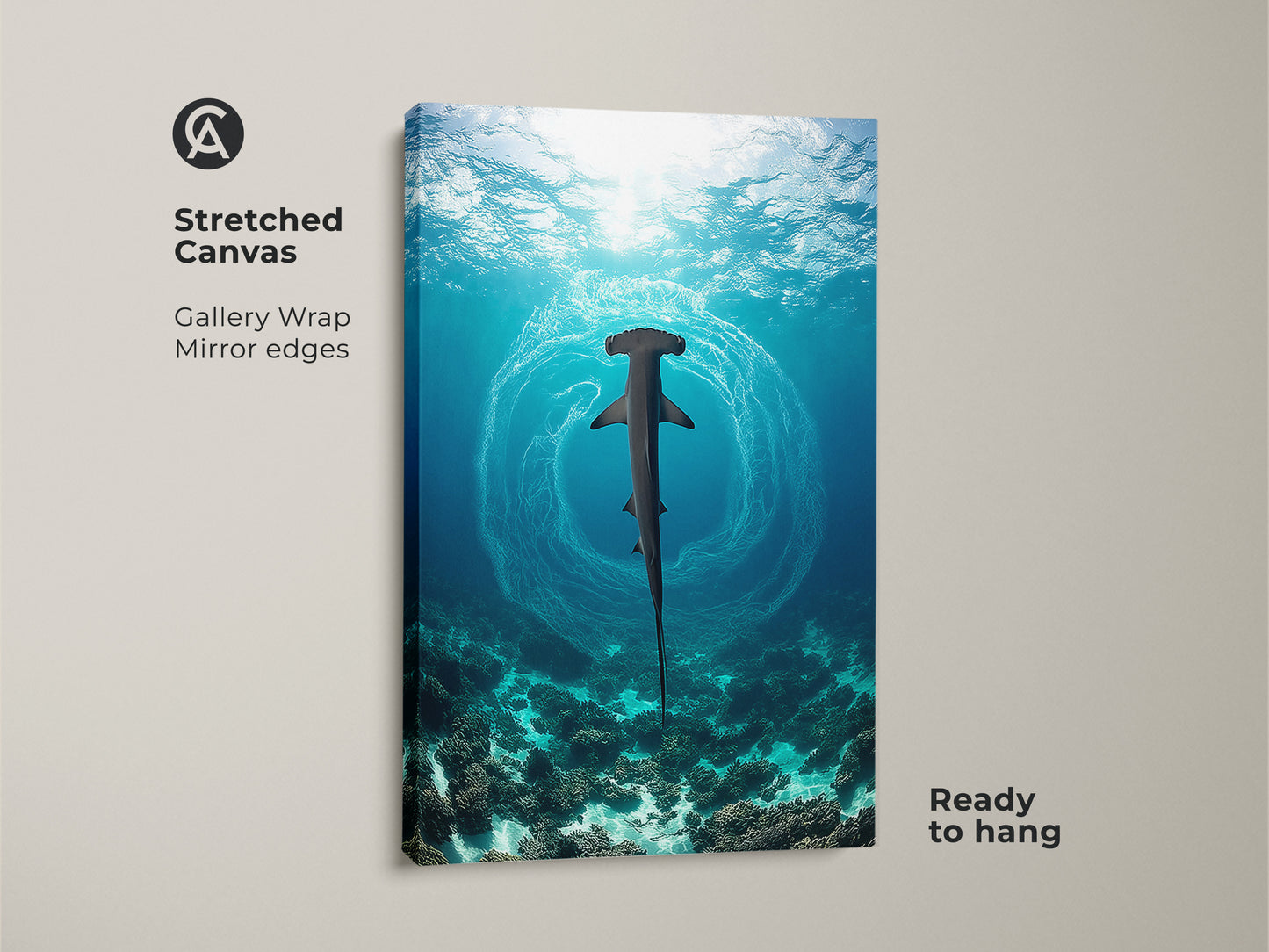 A stretched canvas print showcases a hammerhead shark in its underwater habitat. The deep blue ocean and vibrant coral create a captivating scene. This gallery-wrapped artwork is ready to hang and brings the beauty of marine life to your home. It's ideal for adding a contemporary touch.