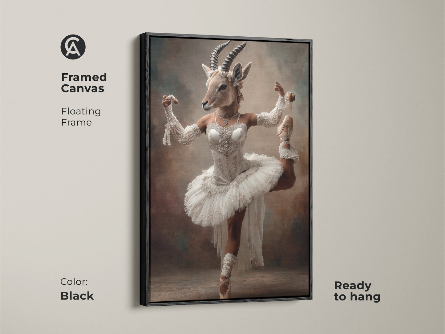 Framed Canvas of a ballerina gazelle with a black floating frame. The artwork is ready to hang. The surreal animal ballet adds a distinctive touch to a living space. Perfect wall art for those who appreciate the fusion of nature and ballet.