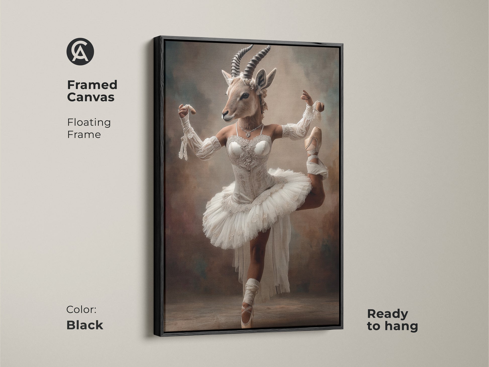 Framed Canvas of a ballerina gazelle with a black floating frame. The artwork is ready to hang. The surreal animal ballet adds a distinctive touch to a living space. Perfect wall art for those who appreciate the fusion of nature and ballet.