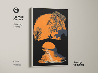 White framed canvas art displaying a minimalist horse rider on a bridge. This landscape print captures an orange sunset nature scene. Enhance your home with this scenic wall decor. The floating frame adds a touch of elegance. Ready to hang.