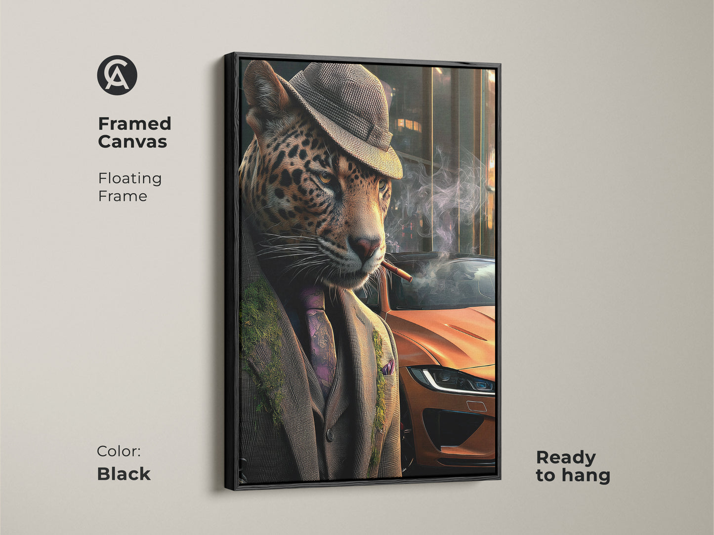 Framed canvas of a neo-noir leopard art print. The black floating frame enhances the artwork. It's ready to hang. A vintage orange car provides a unique backdrop. Ideal as masculine wall decor or statement animal art.