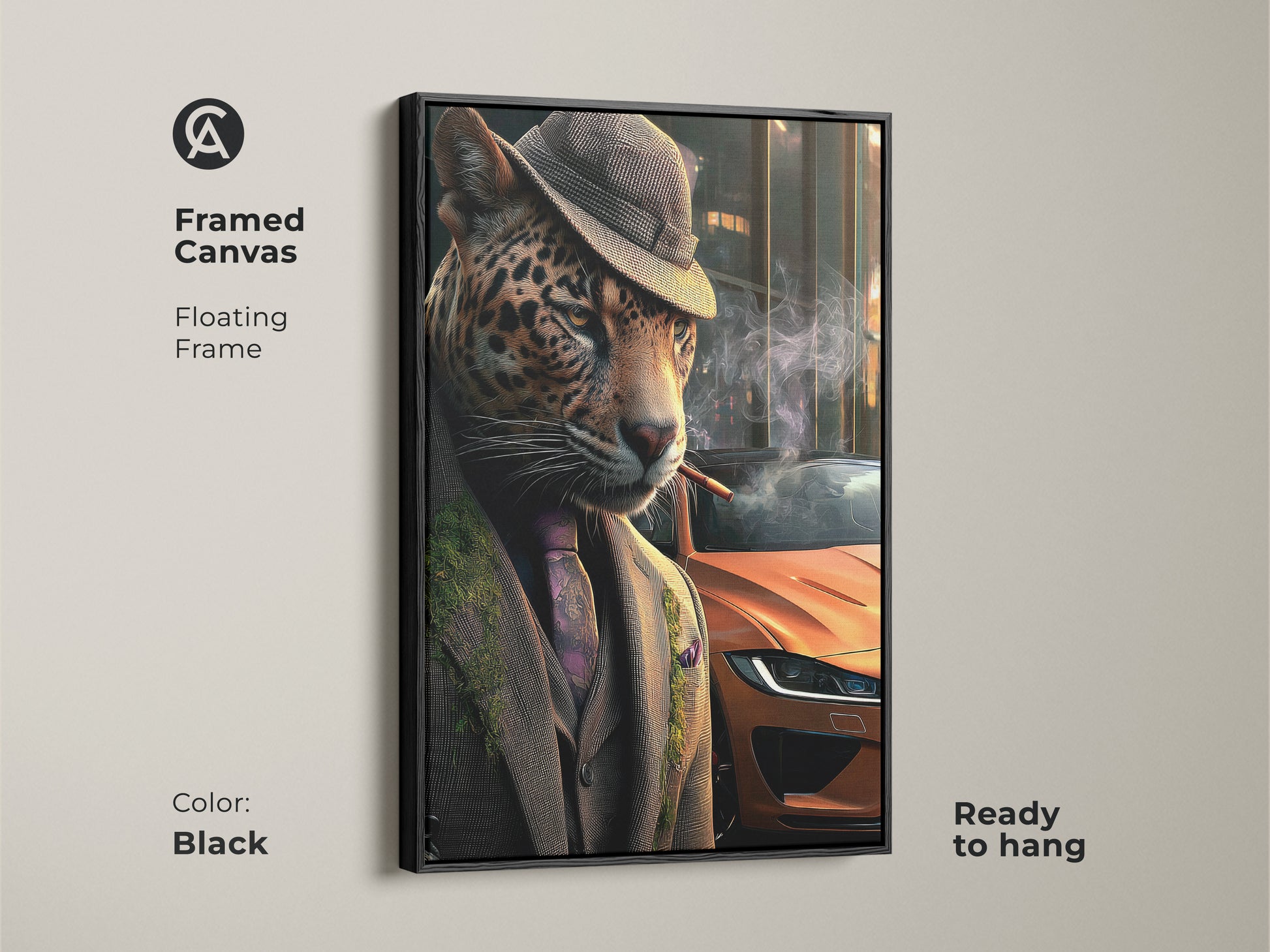 Framed canvas of a neo-noir leopard art print. The black floating frame enhances the artwork. It's ready to hang. A vintage orange car provides a unique backdrop. Ideal as masculine wall decor or statement animal art.